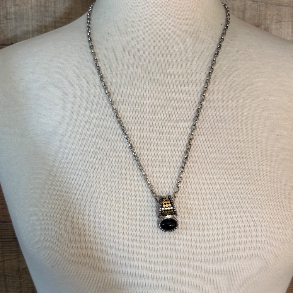 Mixed Metal Black Cabochon Pendant Necklace Silver Gold Tone Honeycomb